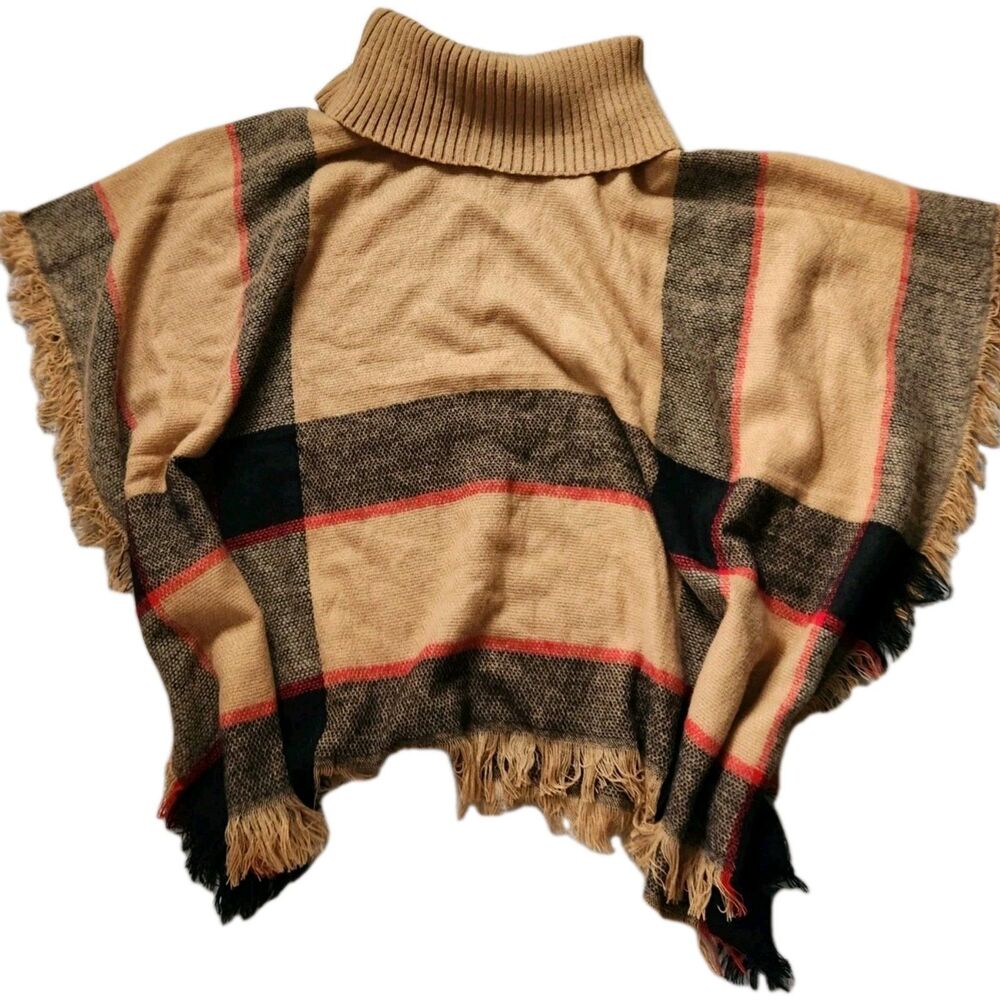 Allie & Rob Knit Turtleneck Poncho Cape Fringe Tan Red Check S/M EUC